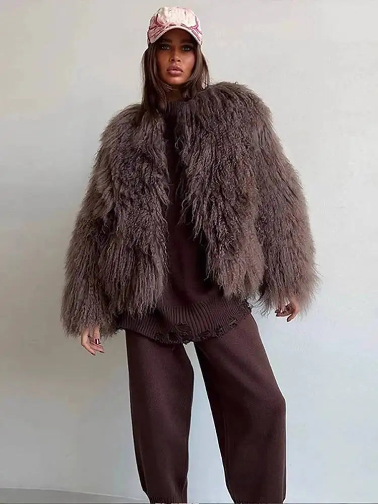 Cappotto Donna Pelliccia Sintetica Marrone Girocollo Allentato Maniche Lunghe Spessa Peluche Giacca Inverno Nuovo 7A1041