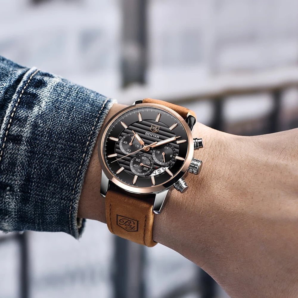 Orologio Da Uomo BENYAR Al Quarzo In Pelle Impermeabile Multifunzione Cronografo calendario Resistente Agli Urti