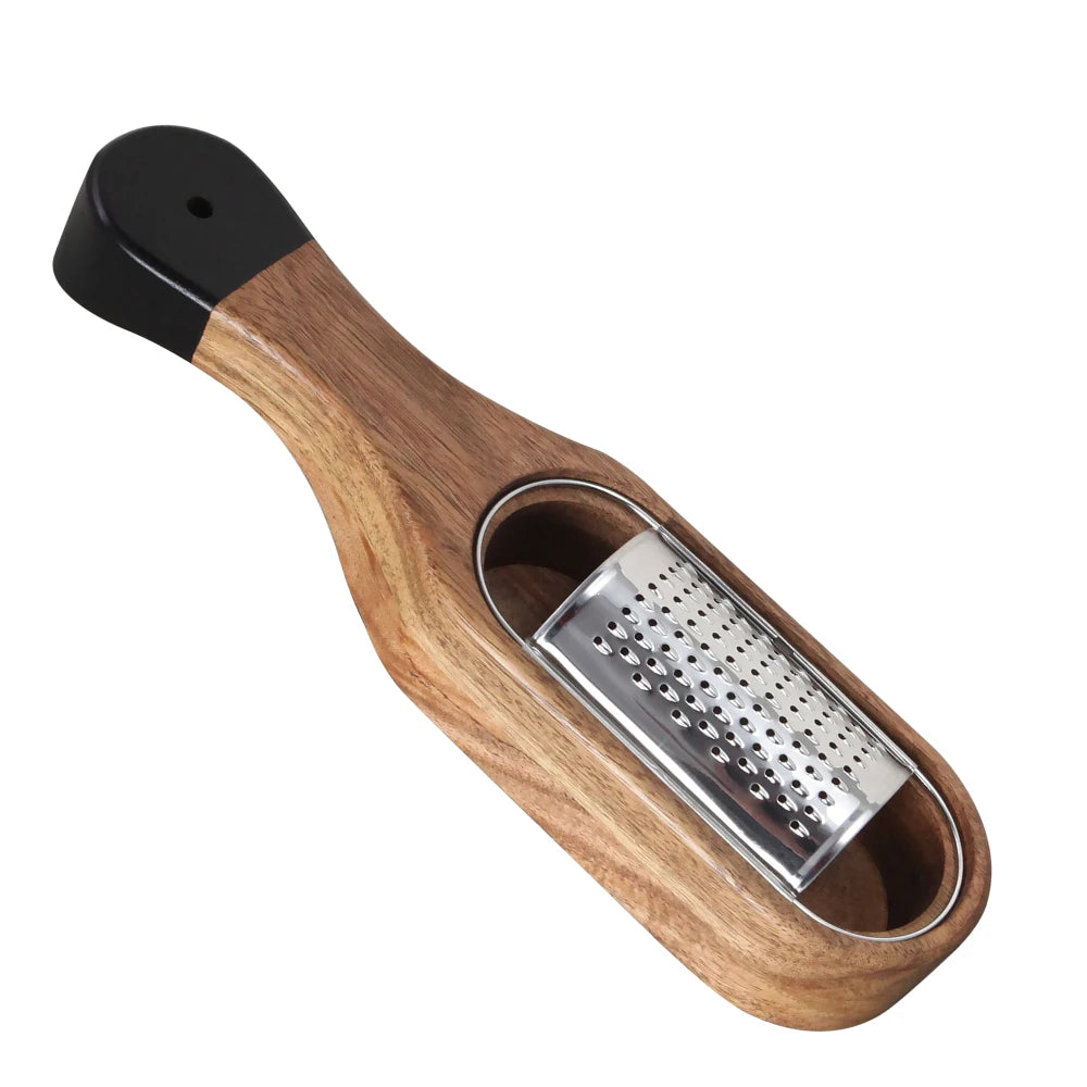 Grattugia Multifunzionale Per Formaggio In Acciaio Inox Con Contenitore Rimovibile In Legno Di Acacia Jaswehome