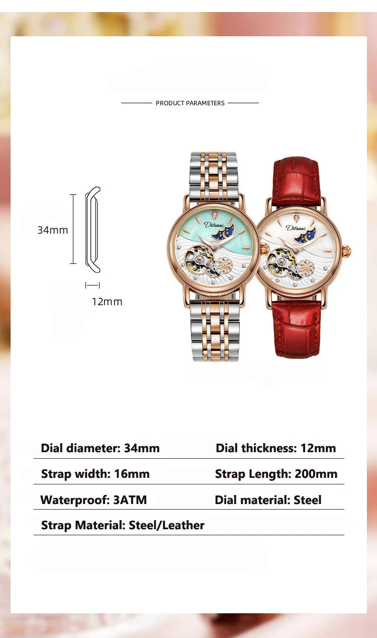 Orologio Da Donna Automatico Impermeabile Con Fasi Lunari E Fiori Girevoli Lusso Di Marca Pregiata
