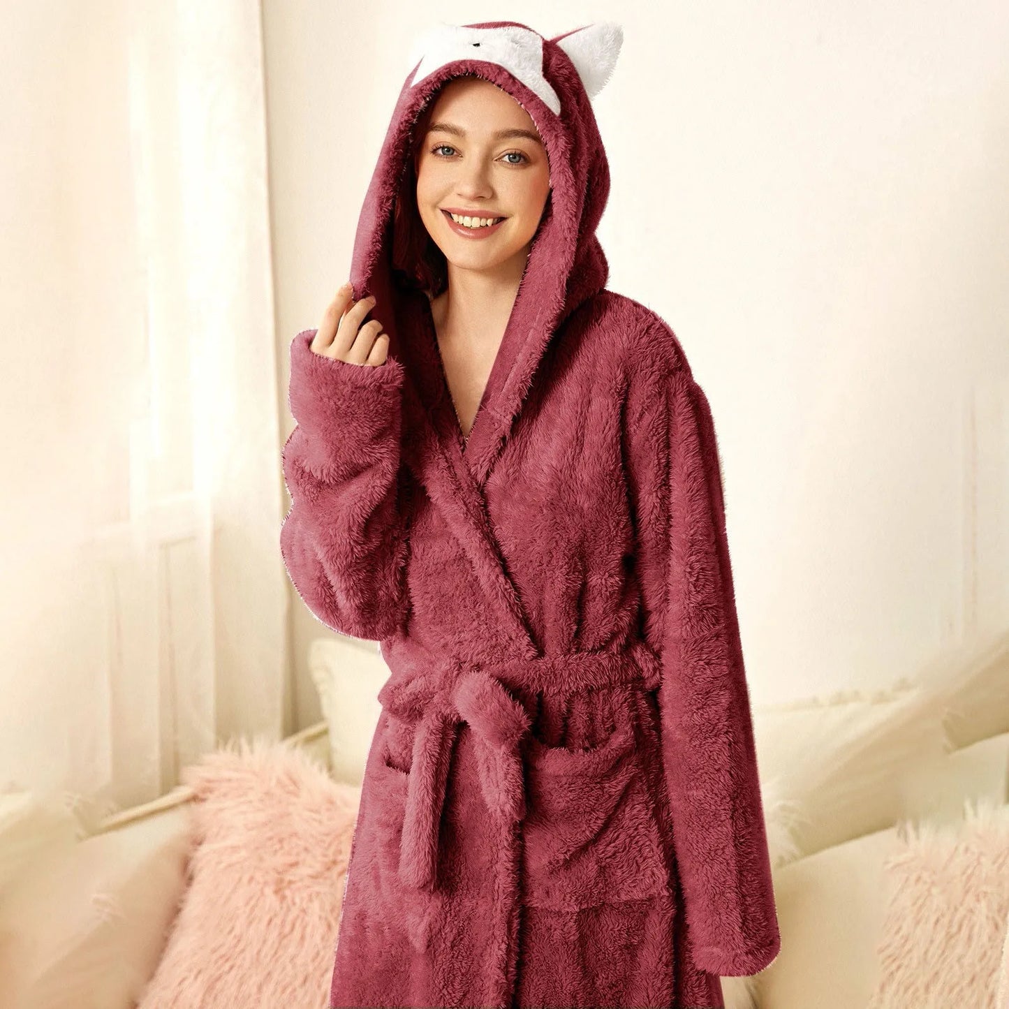 Vestaglia Da Notte In Flanella Autunno Inverno Per Donna Con Cappuccio Maniche Lunghe E Tasca