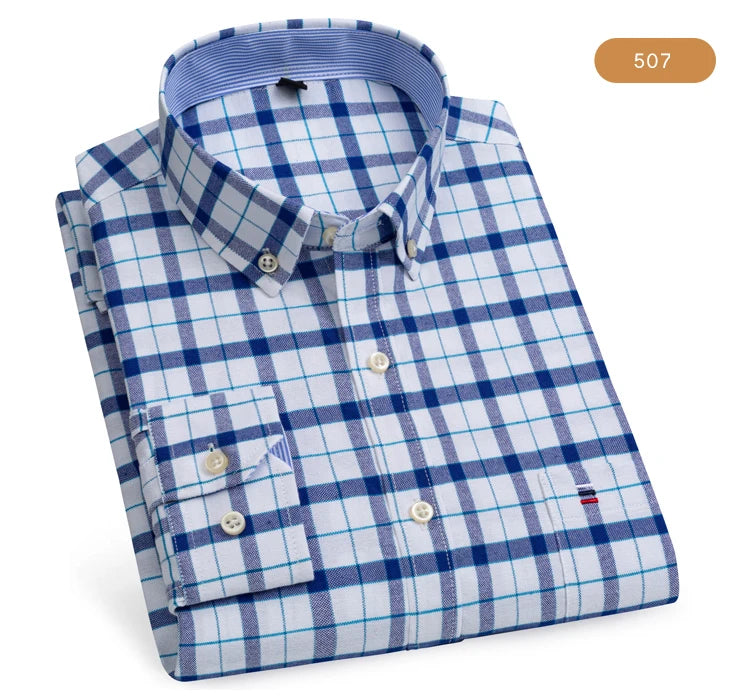 Camicia Da Uomo Oxford Abbottonata Maniche Lunghe In Cotone Al 100 Percento Con Tasca A Quadri Piccoli Stile Casual