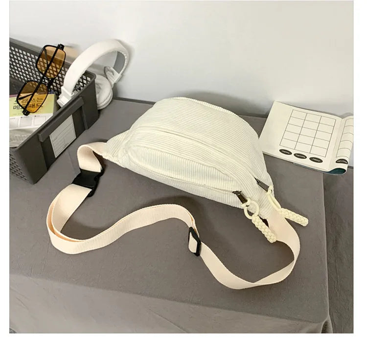 Marsupio da Donna in Velluto a Coste di Grande Capacità Borsa da Petto Stile Street Borsa a Tracolla Cintura Casual