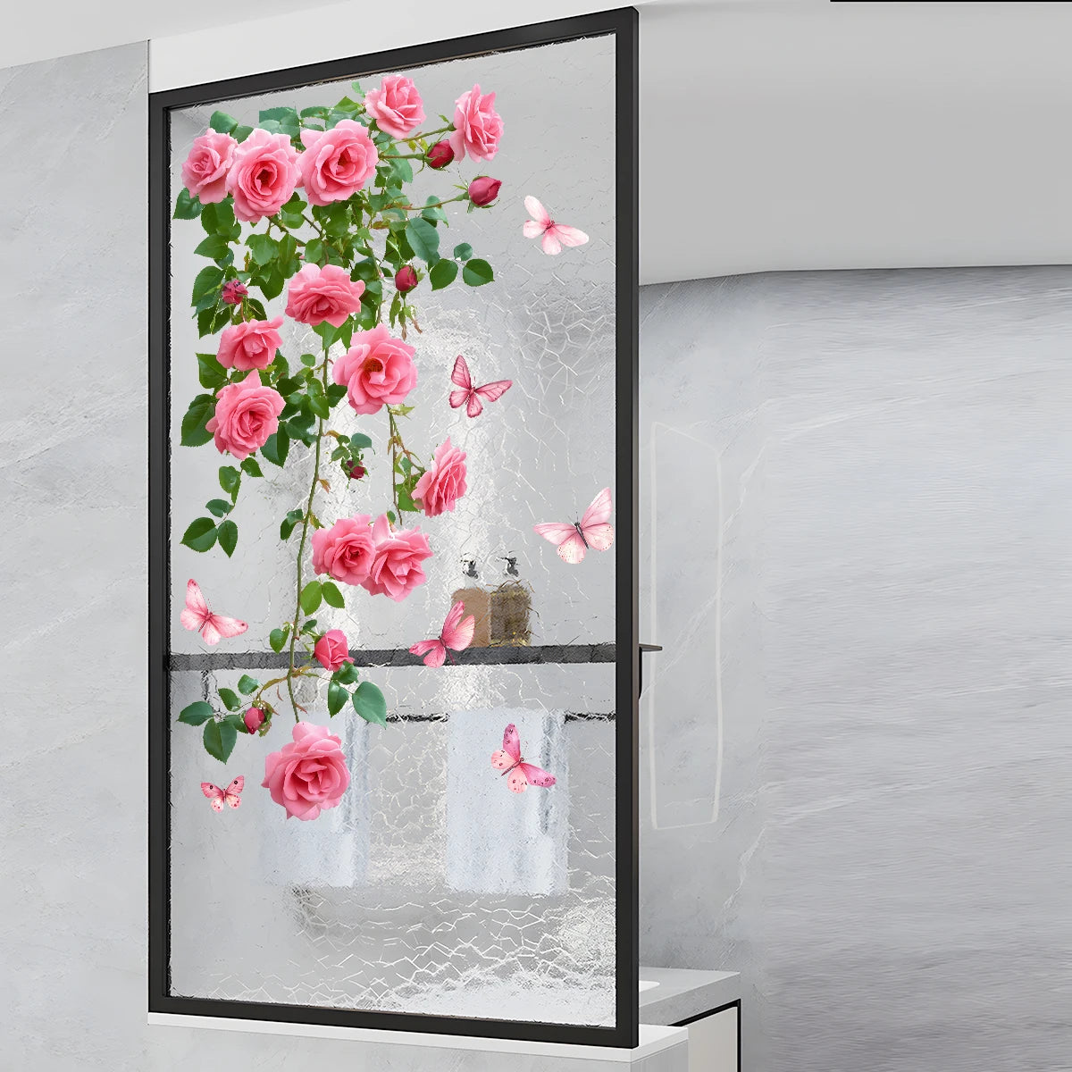 Decalcomania Per Finestra Fiore Vite Rosa E Farfalla Adesivo In PVC Per Parete Bagno Soggiorno Letto Porta In Vetro