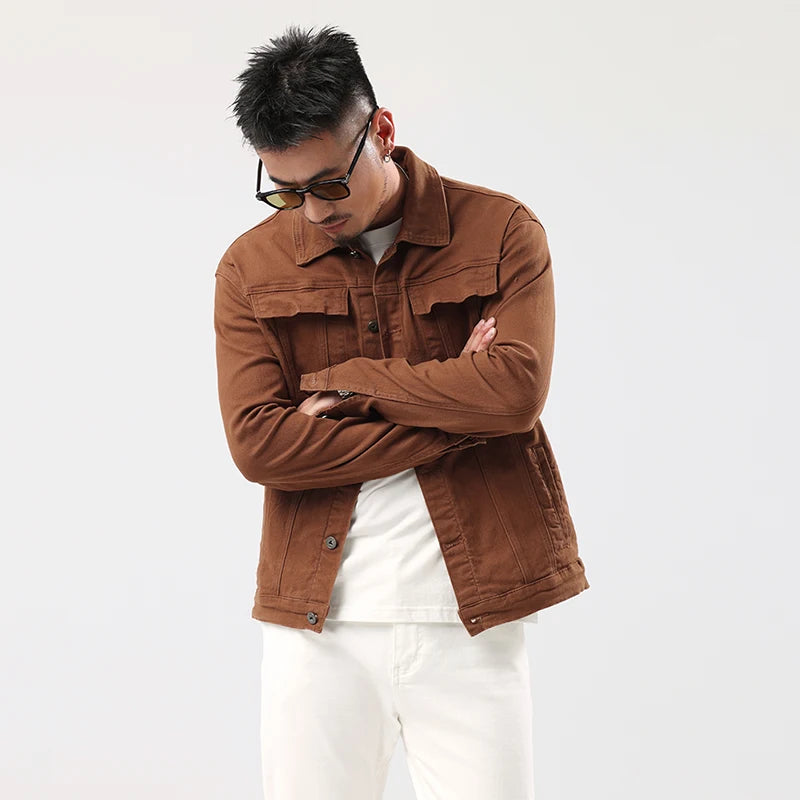 Giacca Jeans Caramello da Uomo 2025 Primavera Autunno Nuovo Stile Slim Elasticizzata Classica Moda