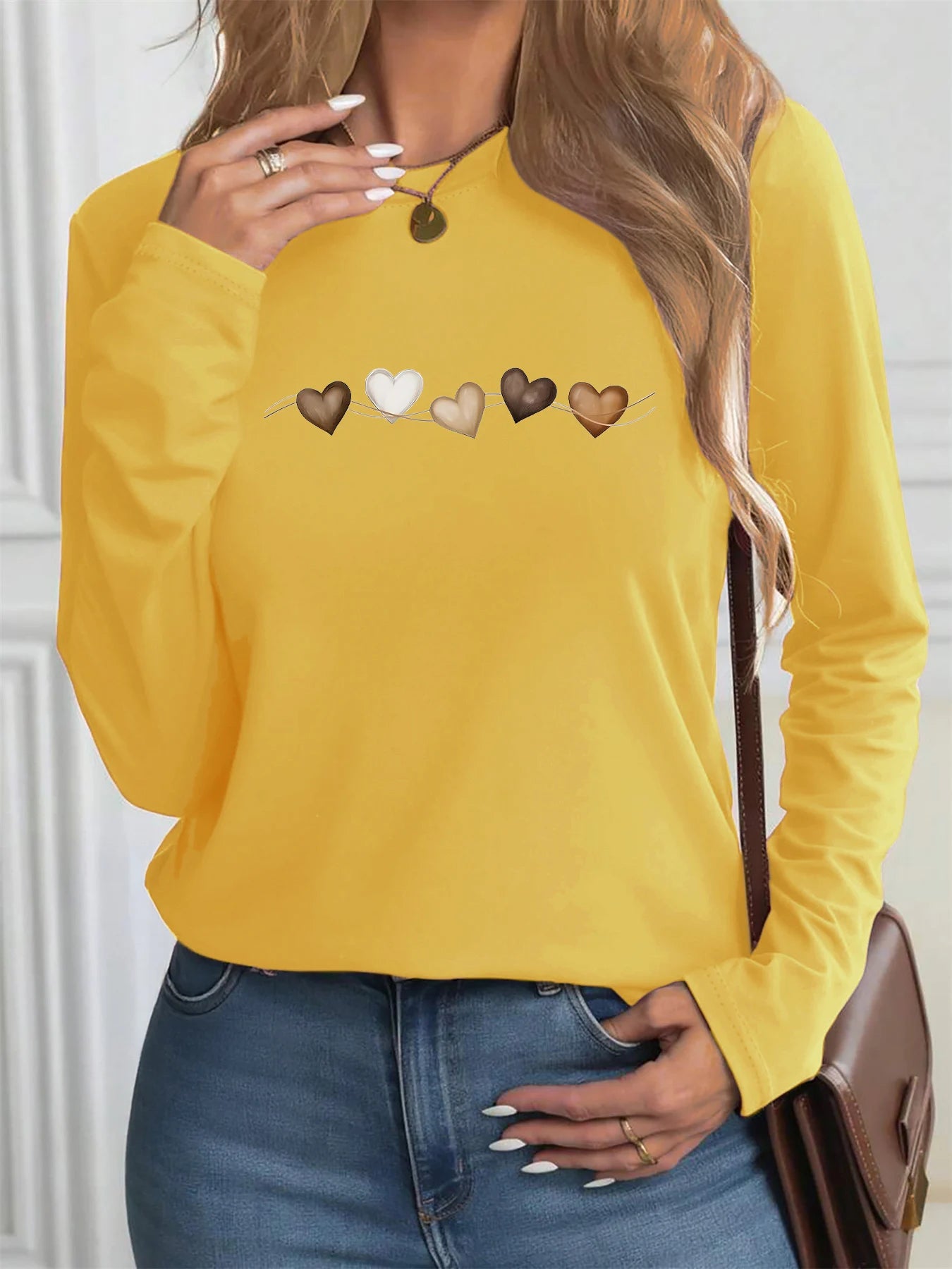T Shirt Da Donna Autunno Inverno 100 Percento Cotone Con Stampa Cuore Girocollo Maniche Lunghe
