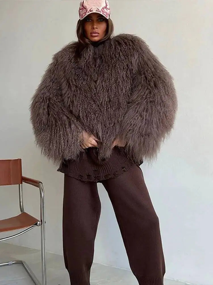 Cappotto Donna Pelliccia Sintetica Marrone Girocollo Allentato Maniche Lunghe Spessa Peluche Giacca Inverno Nuovo 7A1041