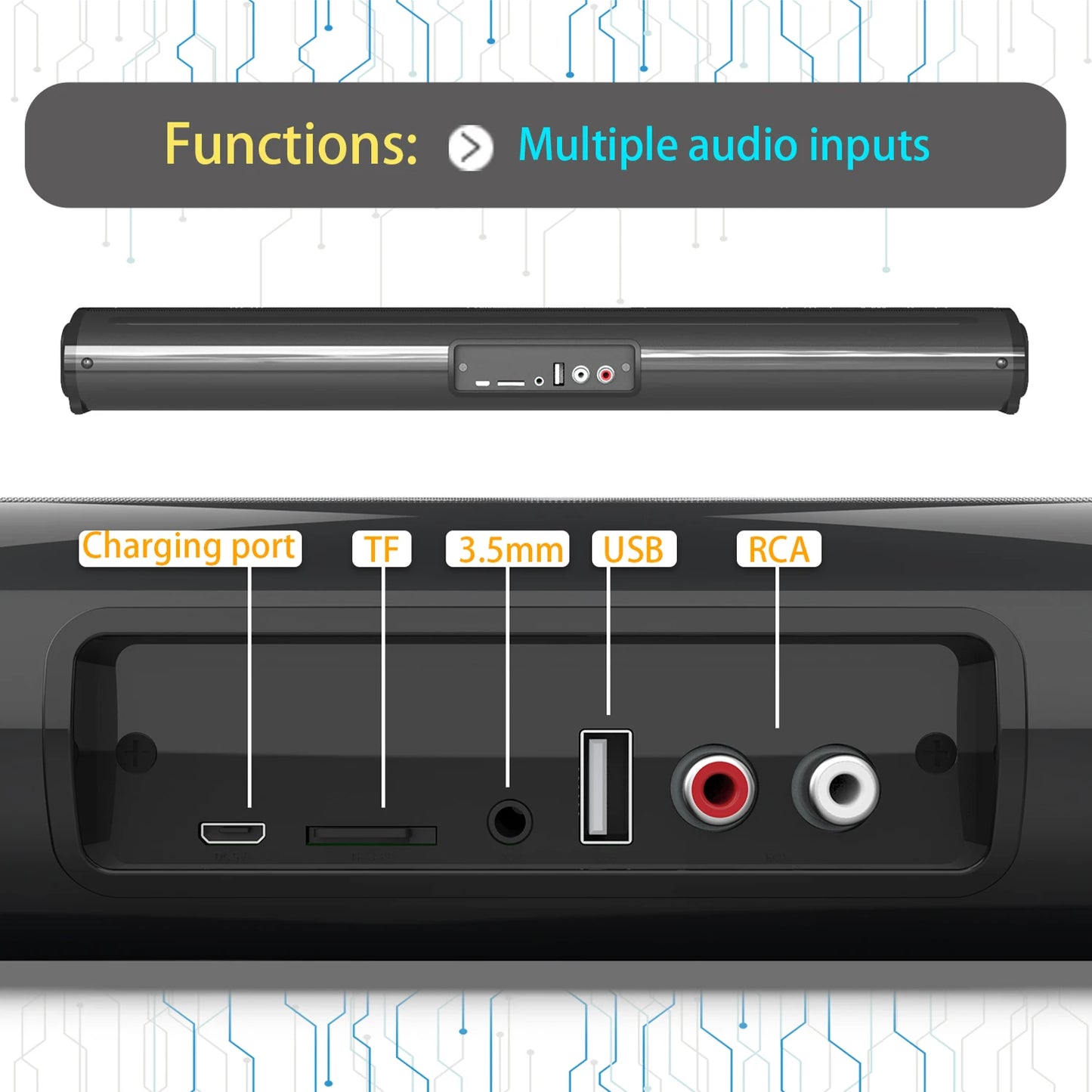 Barra Audio Bluetooth 5.1 Per TV E PC Cablata E Wireless Con Ingresso RCA Batteria Integrata Home Theater