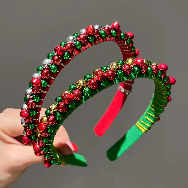 Fascia Natalizia Festiva Con Perline Rosse Verdi Accenti Dorati E Ciondoli A Campana Poliestere Avvolto A Mano