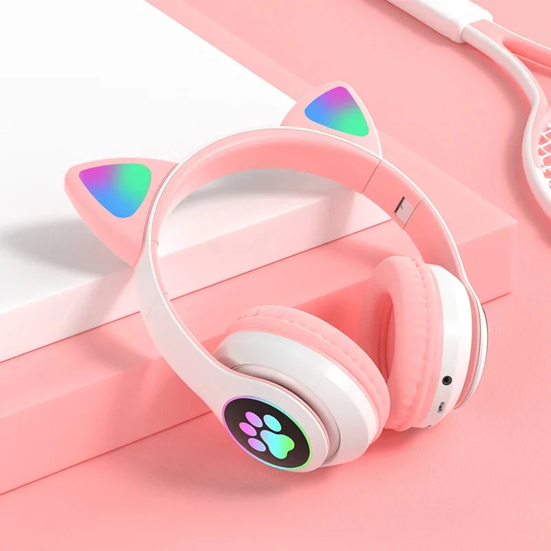 Lampada Cuffie Orecchie Di Gatto Bluetooth 5 0 Stereo Microfono Slot TF Auricolare Wireless Ragazze Bambini Regalo
