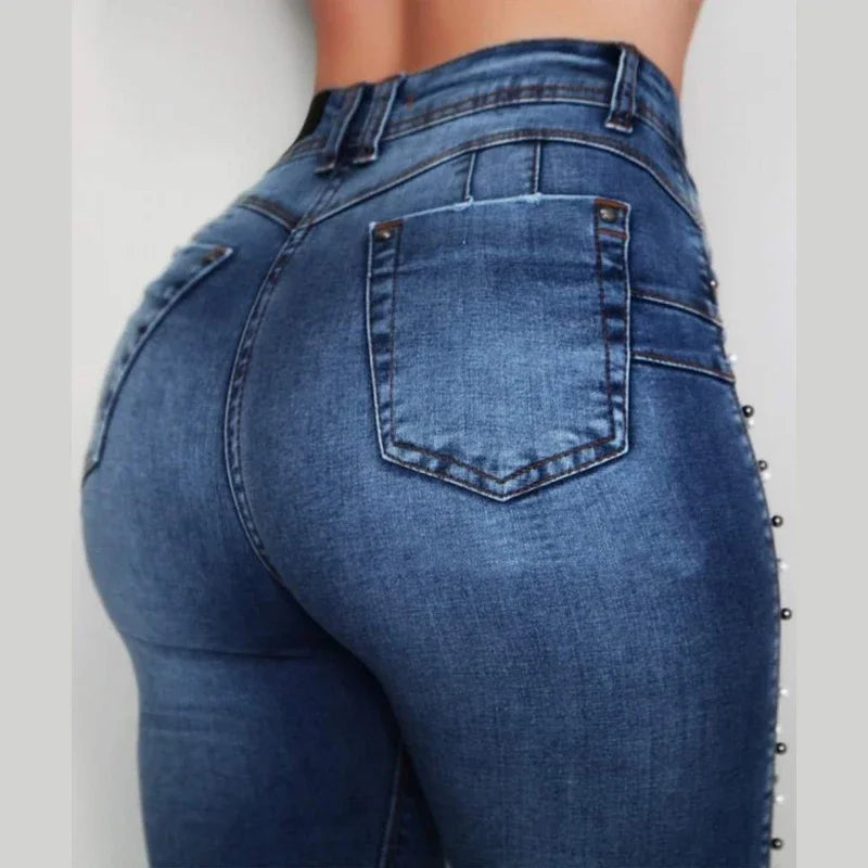 Jeans Donna Vita Alta Slim Skinny Denim Elastico Blu Vintage Con Perline Push Up Pencil