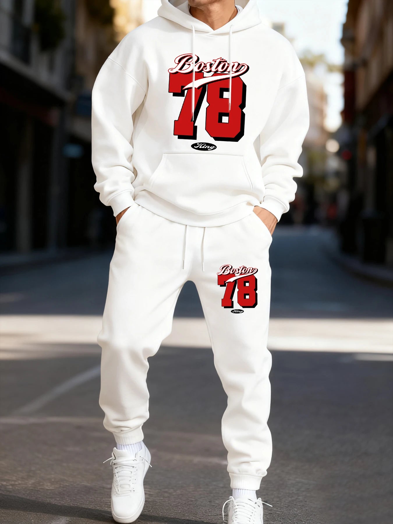 Boston 78 Stampa Felpa Con Cappuccio Da Uomo Due Pezzi Set Autunno Inverno Abbigliamento Sportivo Completo
