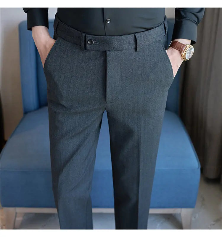 Pantaloni Da Abito Inverno In Lana Spessa Con Vita Elastica Gessati E Tinta Unita Per Uomo