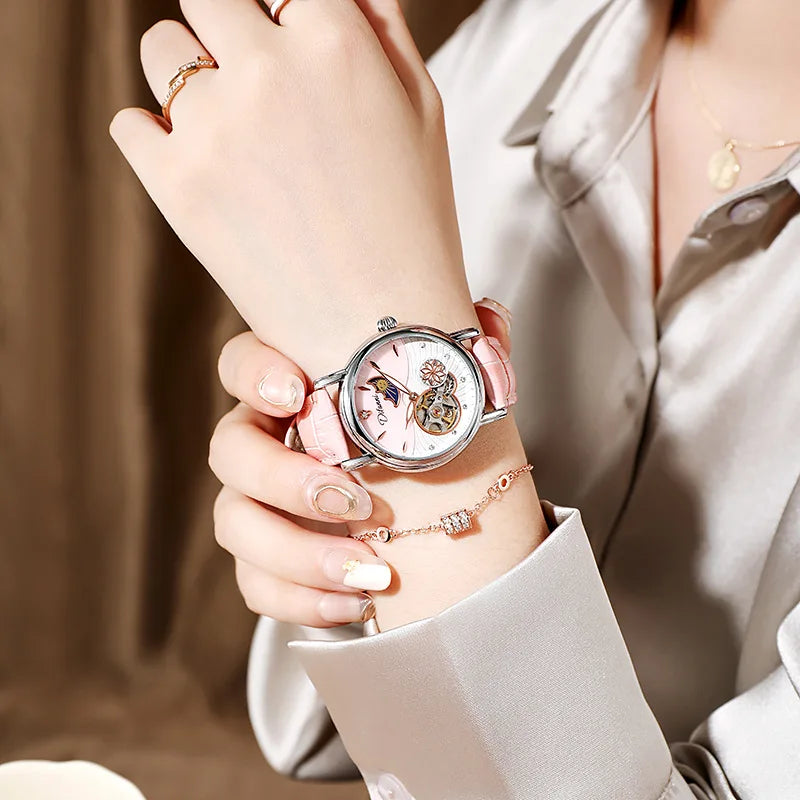 Orologio Da Donna Automatico Impermeabile Con Fasi Lunari E Fiori Girevoli Lusso Di Marca Pregiata