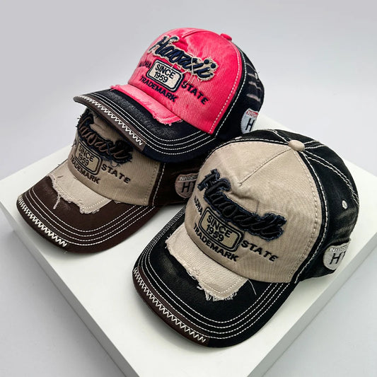 Cappellino Baseball Snapback Unisex Cotone Ricamato Vintage Distressed Moda Uomo Donna Colori Nero Bianco Rosso Verde