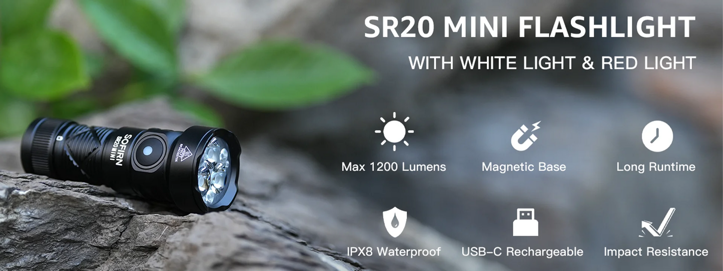 Sofirn SR20 Mini Torcia 1200lm 18350 Luce LED Bianca E Rossa Per Campeggio Caccia Situazioni Emergenza IP68 Impermeabile