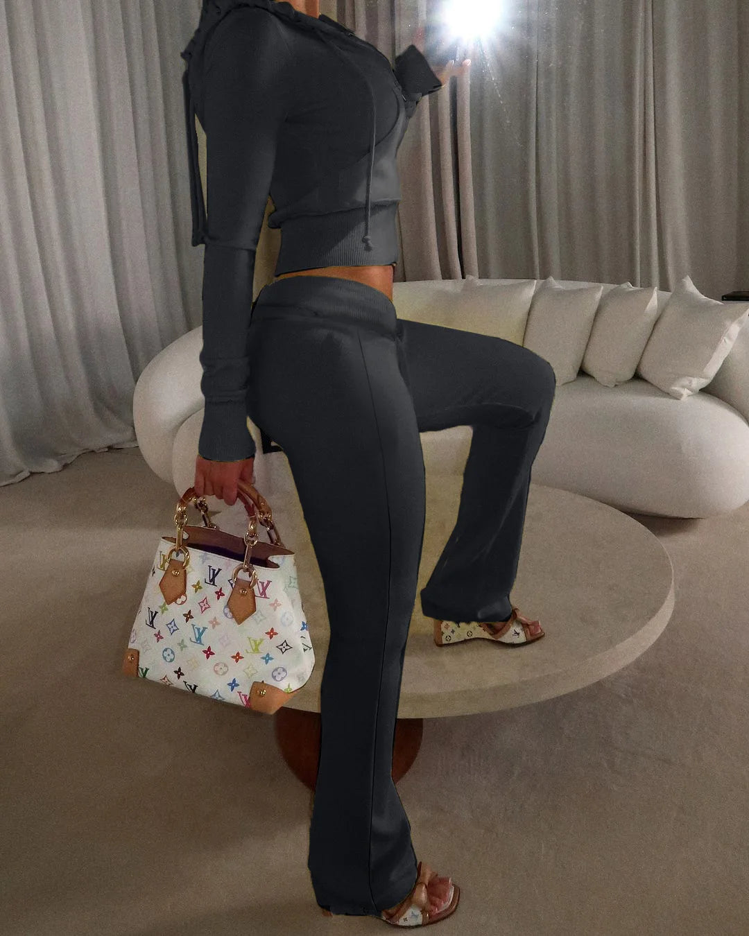 Outfit Da Donna Tre Pezzi Abito Casual Con Spalline Spazzolate E Contrasti Cardigan Con Cappuccio Pantaloni Svasati