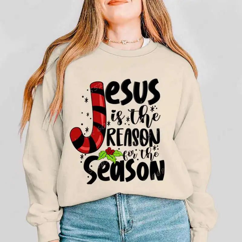 Felpa Da Donna Con Stampa Gesù È La Ragione Per La Stagione Regalo Di Natale Felpa Cristiana Natalizia A Maniche Lunghe