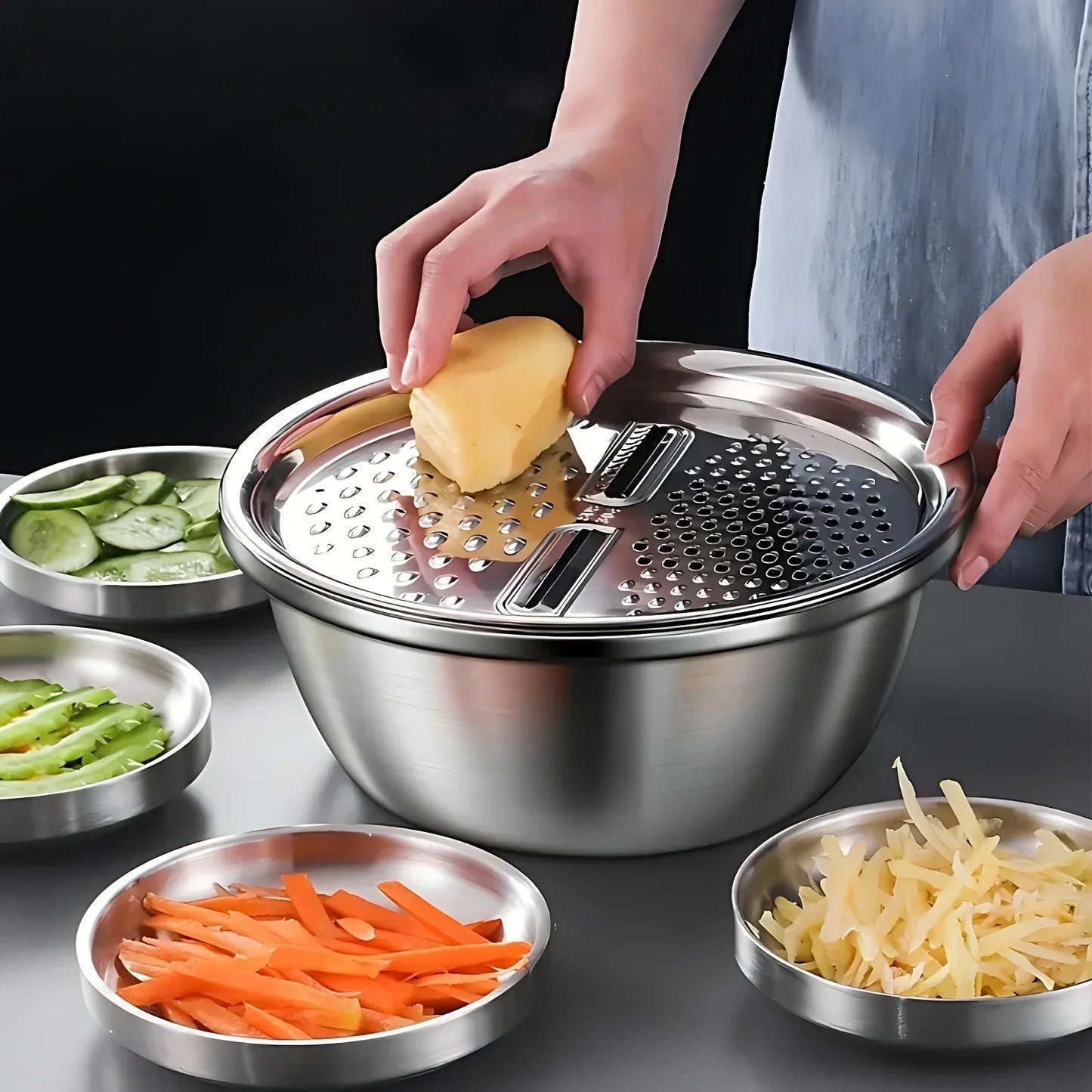 Colino In Acciaio Inossidabile 3 In 1 Verdure Affettatrice Grattugia Cestello Drenaggio Insalata Accessori Da Cucina