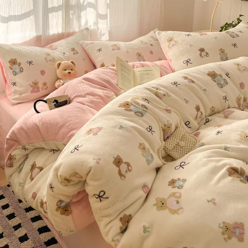 Set Biancheria Da Letto 4 Pezzi In Pile Latte Stampato Invernale Duvet Copripiumino Stile Semplice Accogliente GSM 130