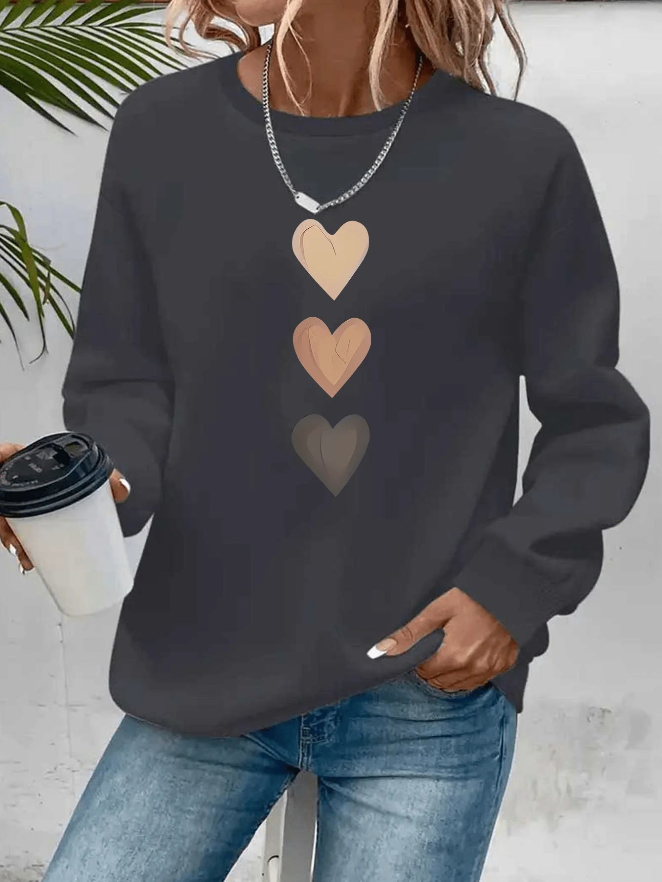 Felpa Donna Con Stampa Cuore Design Geometrico Manica Lunga Girocollo Lavabile In Lavatrice Vestibilità Regolare Autunno