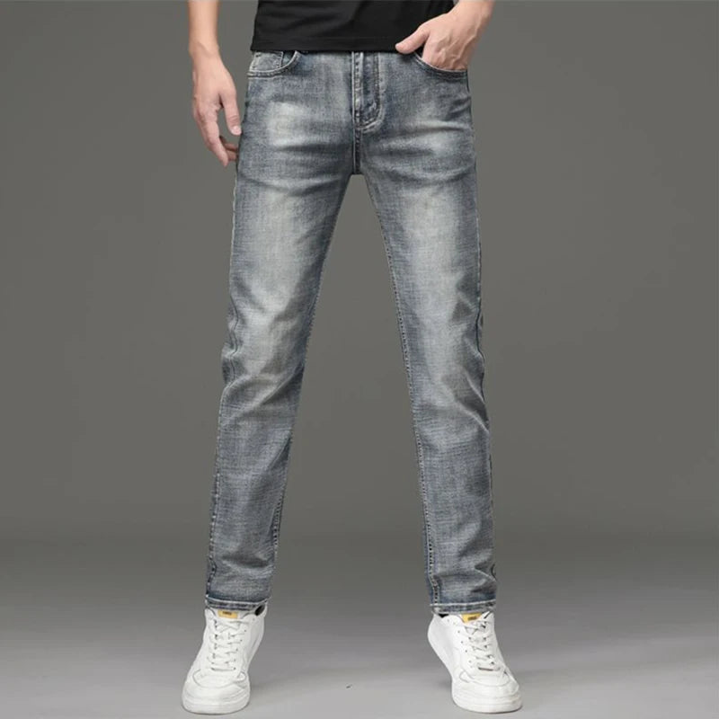Jeans Uomo Slim Fit Vintage Di Fascia Alta In Denim Pesante Caldo Pantaloni Grigi Casual Versatili Dritti Quotidiani