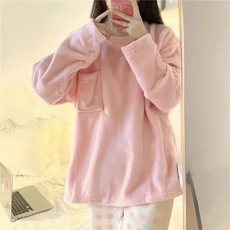 Pigiama Da Donna Caldo In Pile Set Pigiama Invernale Morbido Top Solido E Pantaloni Scozzesi Per Casa