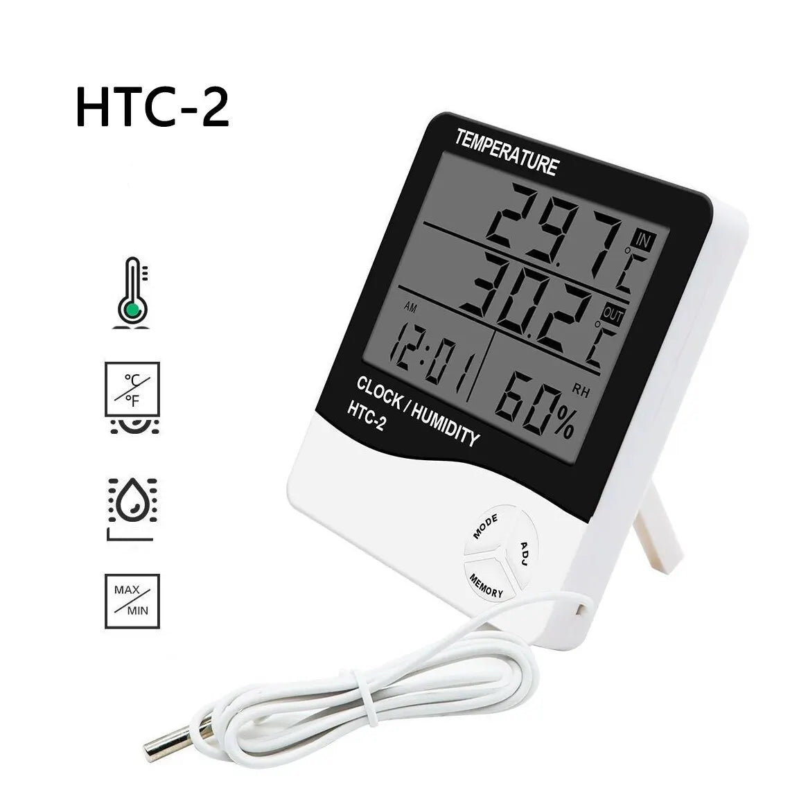 Stazione Meteorologica HTC2 Con Igrometro Digitale Termometro E Orologio LCD Interna Ed Esterna