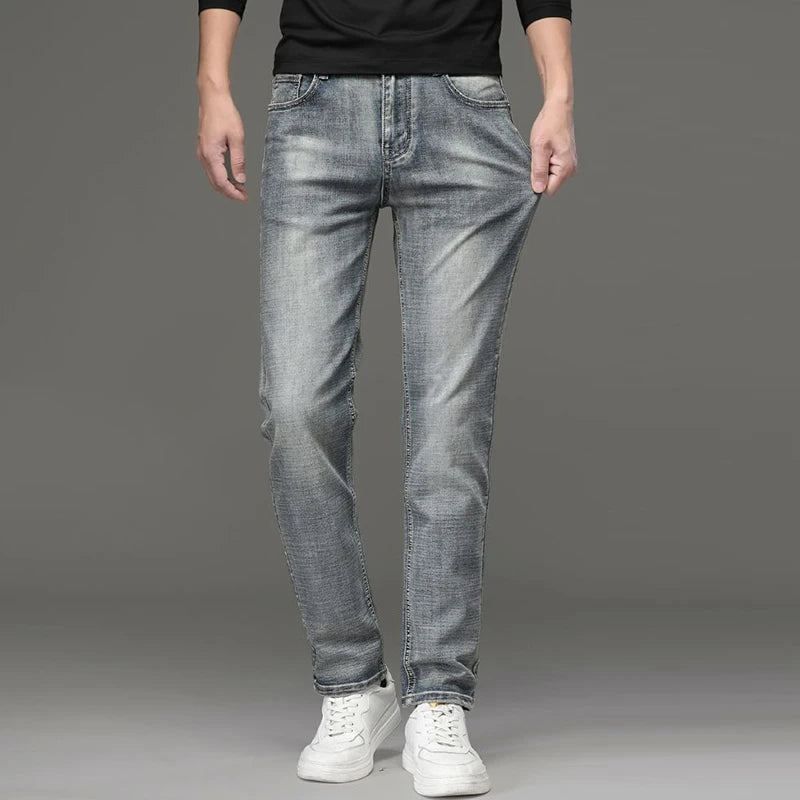 Jeans Uomo Slim Fit Vintage Di Fascia Alta In Denim Pesante Caldo Pantaloni Grigi Casual Versatili Dritti Quotidiani