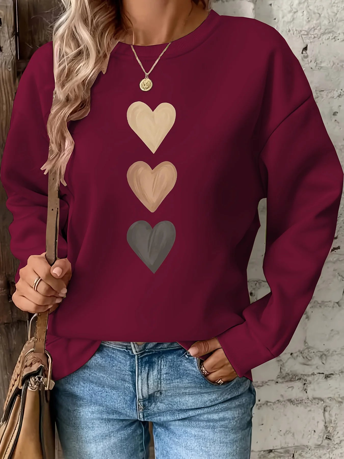 Felpa Donna Con Stampa Cuore Design Geometrico Manica Lunga Girocollo Lavabile In Lavatrice Vestibilità Regolare Autunno