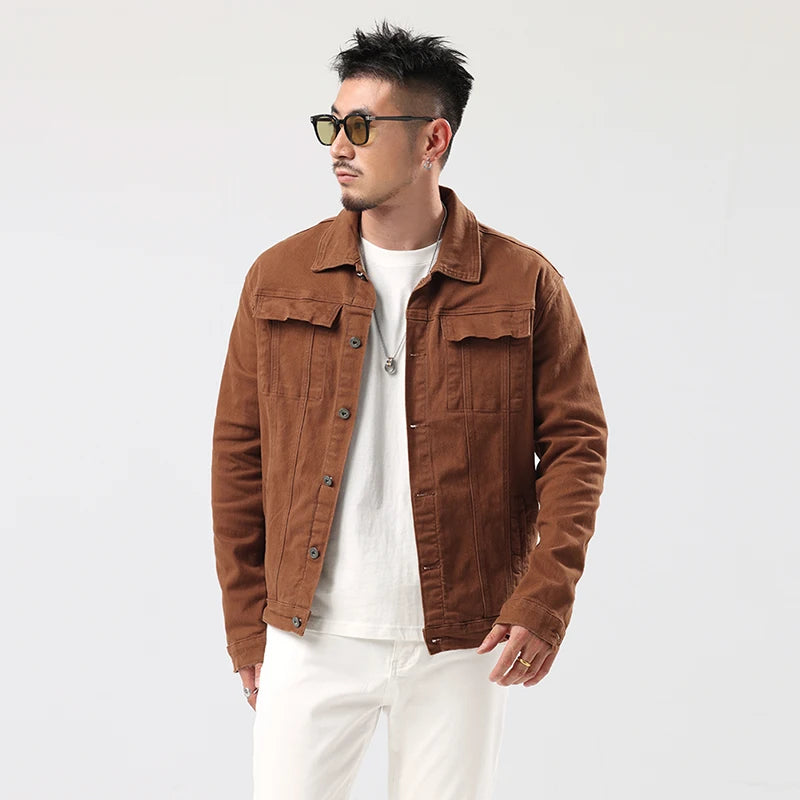 Giacca Jeans Caramello da Uomo 2025 Primavera Autunno Nuovo Stile Slim Elasticizzata Classica Moda