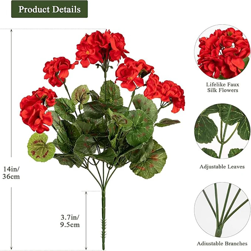 Geraniumi Artificiali 14 Pollici Fiori Rossi Bouquet di Seta Cespugli per Fioriere Portico Patio Casa Decorazione