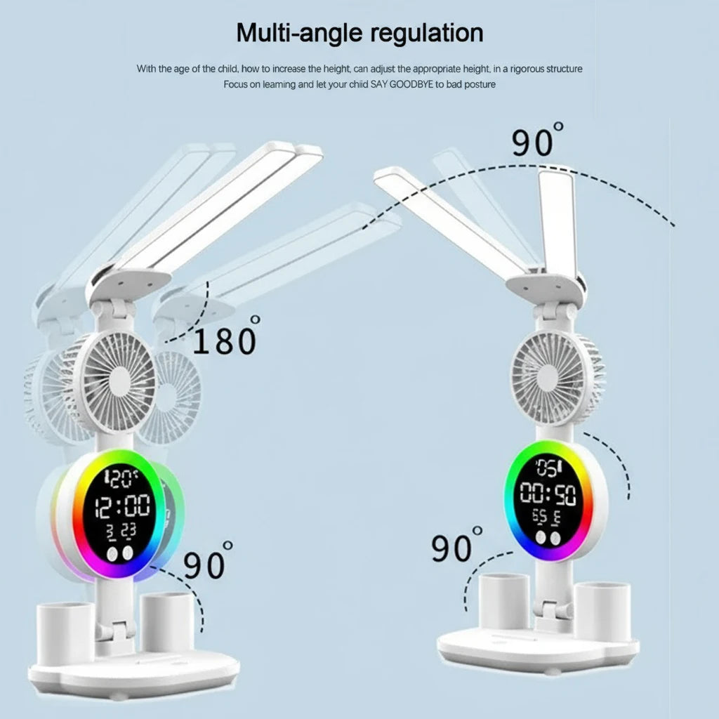Lampada Da Tavolo Led Con Ventilatore Orologio Ricaricabile Luminosità Regolabile Per Studio Scrivania