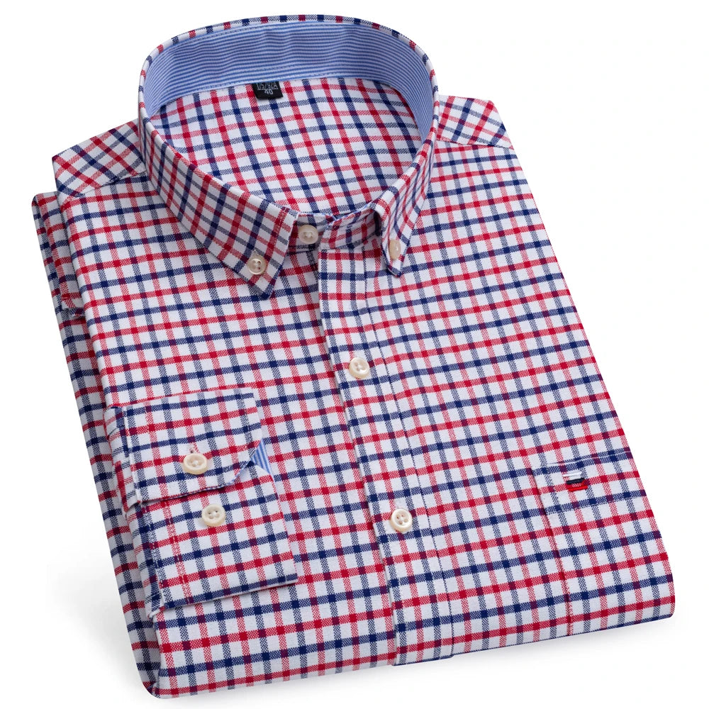 Camicia Da Uomo Oxford Abbottonata Maniche Lunghe In Cotone Al 100 Percento Con Tasca A Quadri Piccoli Stile Casual