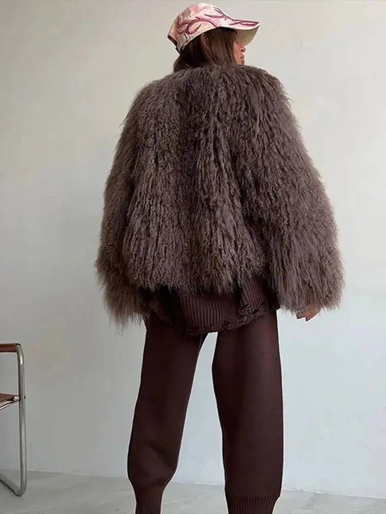 Cappotto Donna Pelliccia Sintetica Marrone Girocollo Allentato Maniche Lunghe Spessa Peluche Giacca Inverno Nuovo 7A1041