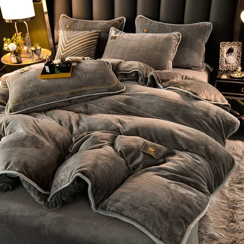 Set Di Biancheria Da Letto In Pile Di Latte Ultra Spesso Queen Size Copripiumino Invernale Caldo Di Fascia Alta