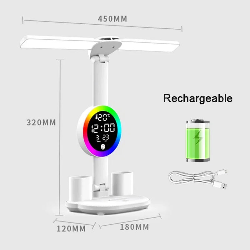 Lampada Da Tavolo Led Con Ventilatore Orologio Ricaricabile Luminosità Regolabile Per Studio Scrivania