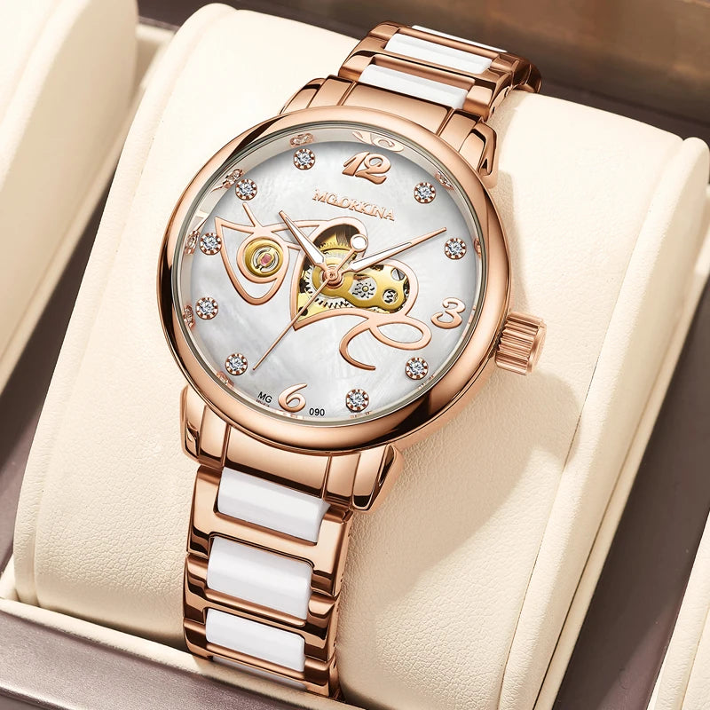 Orologio Meccanico Automatico Da Donna Orkina Classico Scheletrato Lusso Cinturino In Acciaio Inossidabile E Pelle