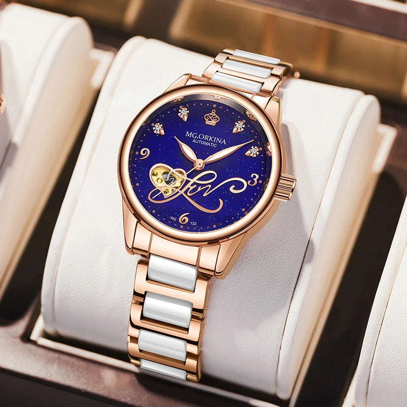 Orologio Meccanico Automatico Da Donna Orkina Classico Scheletrato Lusso Cinturino In Acciaio Inossidabile E Pelle