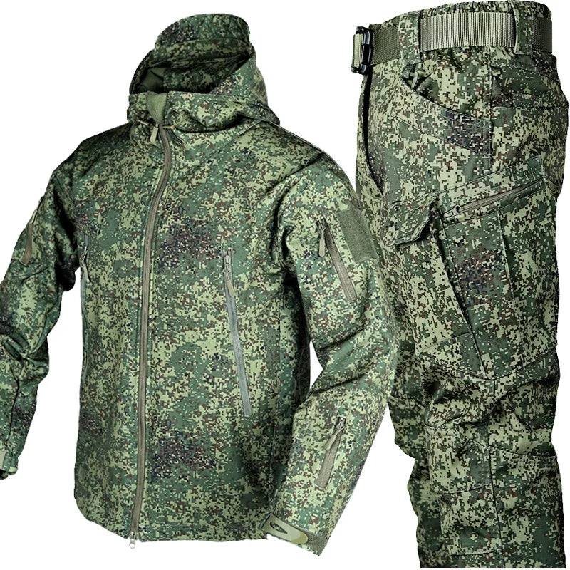 Completo Tattico Mimetico Uomo Giacca Impermeabile Con Cappuccio Zip Pantaloni Softshell Militari Tuta Invernale Pile