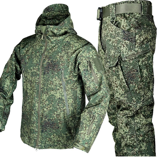 Completo Tattico Mimetico Uomo Giacca Impermeabile Con Cappuccio Zip Pantaloni Softshell Militari Tuta Invernale Pile