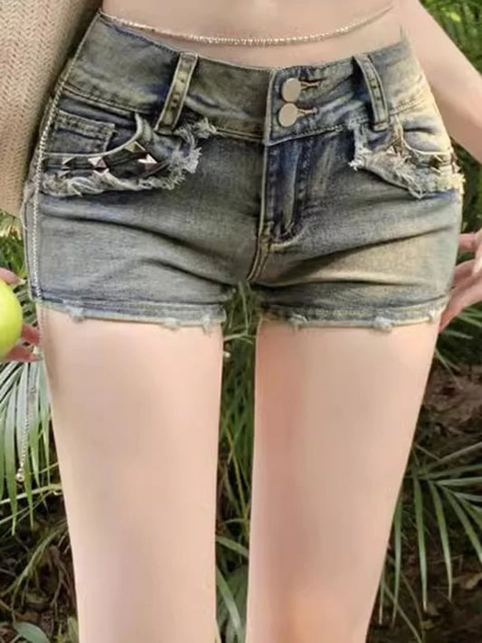 Pantaloncini Coreani Retrò Y2K Da Donna Jeans Corti Vita Bassa Elastici Blu High Street Lady Vintage