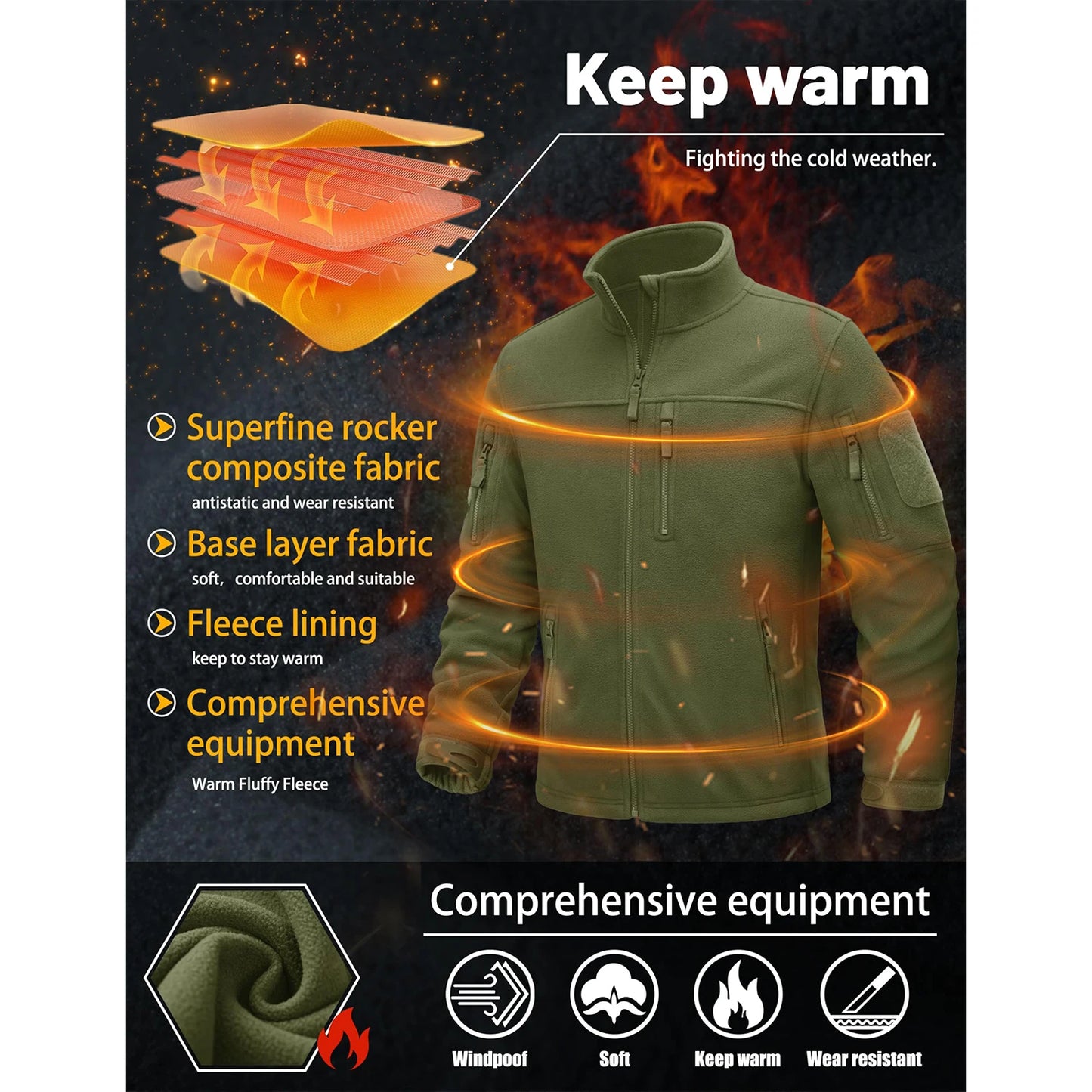 Tacvasen Giacca In Pile Full Zip Verde Da Uomo Con Tasche Con Cerniera Termica Per Lavoro E Escursionismo Outwear
