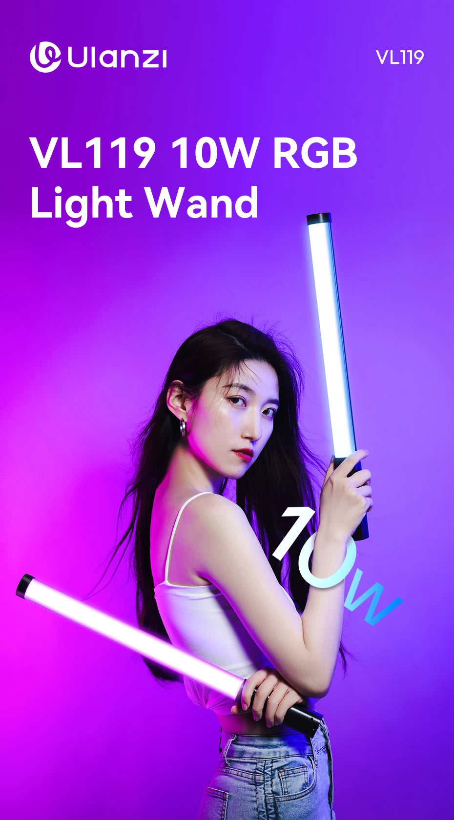 Ulanzi VL119 10W RGB Bacchetta Luminosa Palmare per Fotografia e Video 2500K 9000K Bicolore Vlog Live Streaming