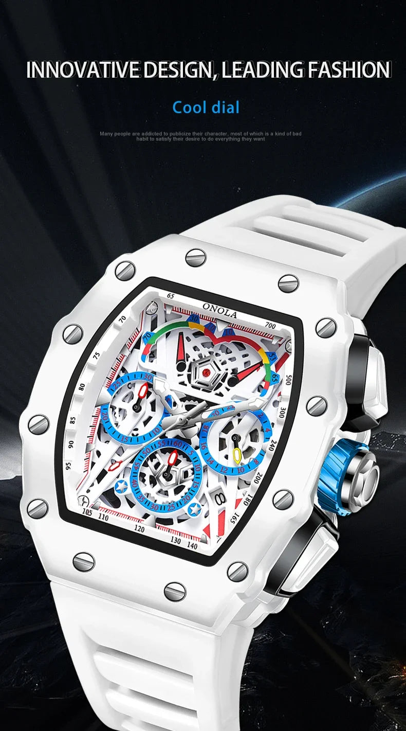 Orologio Da Uomo Di Lusso Onola Moda Casual Cinturino In Silicone Multifunzione Quarzo Impermeabile Bianco