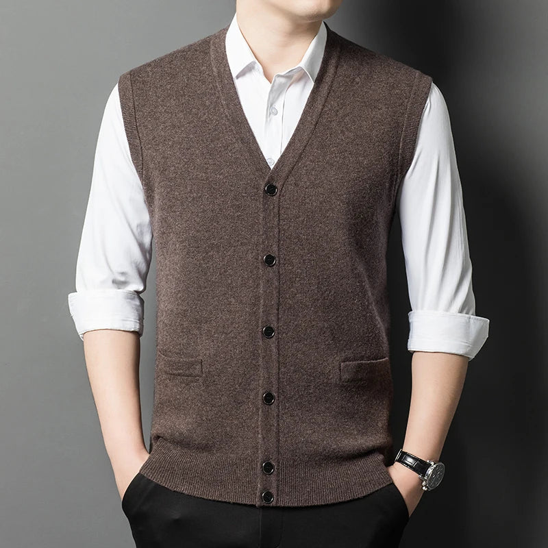 Gilet Spesso In Lana Di Pecora Uomo Casual Scollo A V Caldo Autunno Inverno Cardigan Monopetto In Lana Di Cashmere