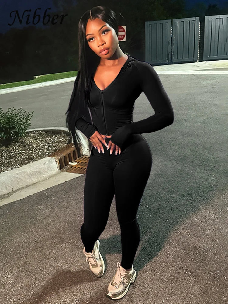 Nibber Sportivo Casual Tuta 2 Pezzi Donna Con Cappuccio Zip Crop Top E Leggings Fitness Morbide Stretch Streetwear