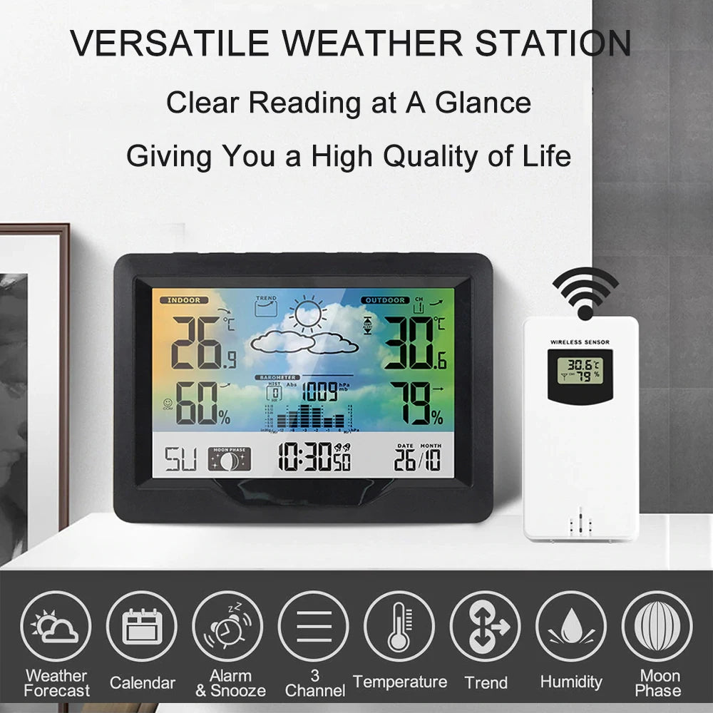Stazione Meteorologica Multifunzionale Con Sveglia Termometro Igrometro Digitale Schermo Tattile Esterno Wireless