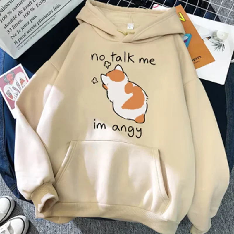 Felpa Con Cappuccio Oversize Donna Stampa Gatto Arrabbiato No Talk Me Cute Hip Hop Streetwear Pile Morbido