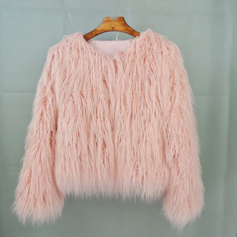 Cappotto Pelliccia Sintetica Rosa Donna Autunno Inverno Elegante Caldo Spesso Morbido Lavorazione A Maglia